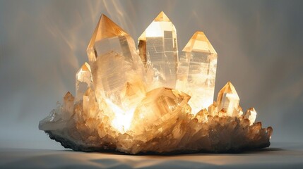 Otherworldly crystal cluster emitting a soft glow, its ethereal beauty mesmerizing against the backdrop of white.