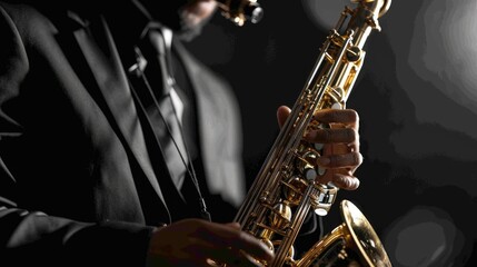 A man is playing a saxophone in a black suit - obrazy, fototapety, plakaty