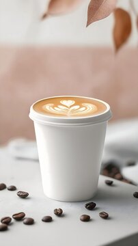 Side view on paper cup of coffee, latte art, branding image, trendy, high quality, light background, coffee lover social media post