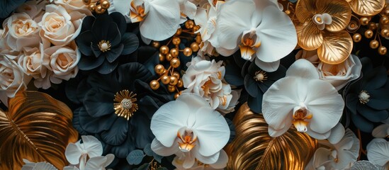 Luxurious flower arrangement with gold, black, and white colors for wedding and interior design. - obrazy, fototapety, plakaty