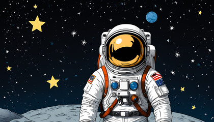 hand draw, comic, illustration of an astronaut on mar, flying in space