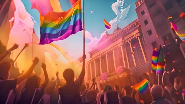A detailed illustration of the Pride flag being raised over a city hall, with a crowd of people cheering below