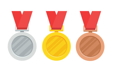Three medal with gold madel and silver, bronze madel and red ribbon. vector illustration