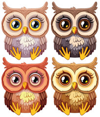 Four cute owls with different facial expressions.