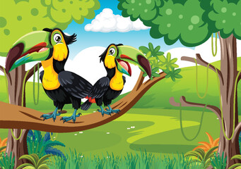 Two colorful toucans perched in a vibrant jungle