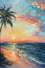 Fototapeta na wymiar This spring-summer oil painting shows a beach scene and coconut trees, the rough canvas texture resembles the strokes of a palette knife 
