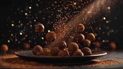Action shot showcasing a burst of cocoa powder around spherical chocolates creating an impression of motion - obrazy, fototapety, plakaty