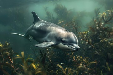 Fototapeta premium Vaquita, porpoise species in the ocean. AI Generated