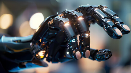 Fototapeta premium Futuristic Robotic Hand Demonstrating Advanced Technology . A close-up of a sophisticated robotic hand with articulated fingers, highlighting the complex design and technological innovation of modern 