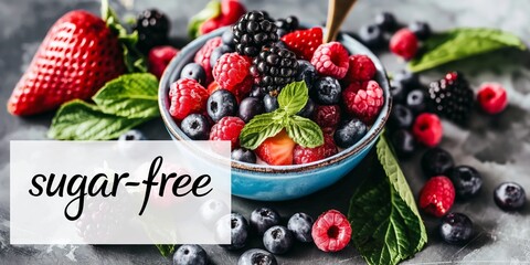  Berry mix in a blue bowl with a 'sugar-free' label, presenting an appetizing and healthful snack option.