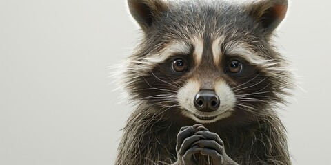 Close-up of a raccoon with paws together, appearing thoughtful or begging, invoking a sense of curiosity or need.