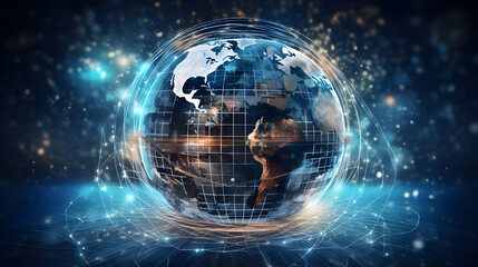 Fototapeta premium digital world, centered on America, enables global connectivity, high-speed data transfer, cyber technology, information exchange, and international communication.