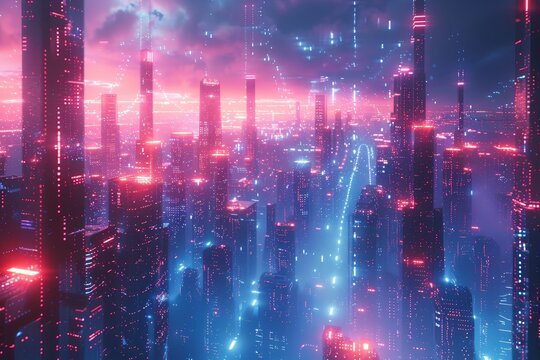 A futuristic 3D visualization of a cyber cityscape with advanced digital infrastructure and neon lights 