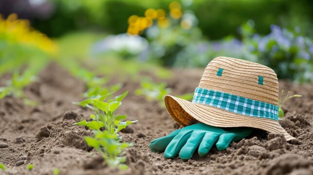 Straw hat and gardening gloves on soil with green seedlings.