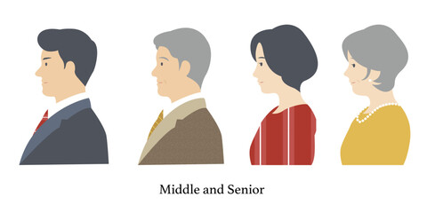 ミドル世代とシニア世代の男女のイラスト素材セット ベクター 中高年 シンプル 白背景