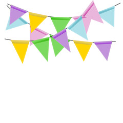 Greeting or Party invitation with carnival flag garlands. Part decorating concept with colorful hanging above. with copy space for your text. .