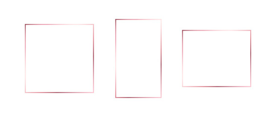 Rose gold thin frame set. Pink gold geometric borders in art deco style. Thin linear square and rectangle collection. Blush glowing shiny boarder element pack. Vector bundle for photo, cadre, decor