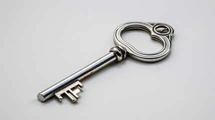 Shiny silver key resting on a pristine white background, symbolizing access and security.