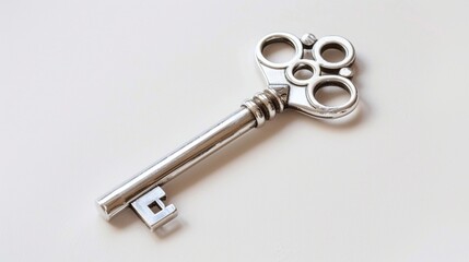 Shiny silver key resting on a pristine white background, symbolizing access and security.