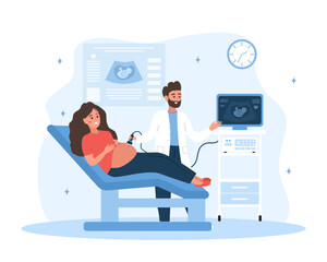 Ultrasound pregnancy screening concept. Male doctor doing fetus screening to future mother. Young girl with belly looking in monitor. Embryo health diagnostic. Cartoon vector illustration.