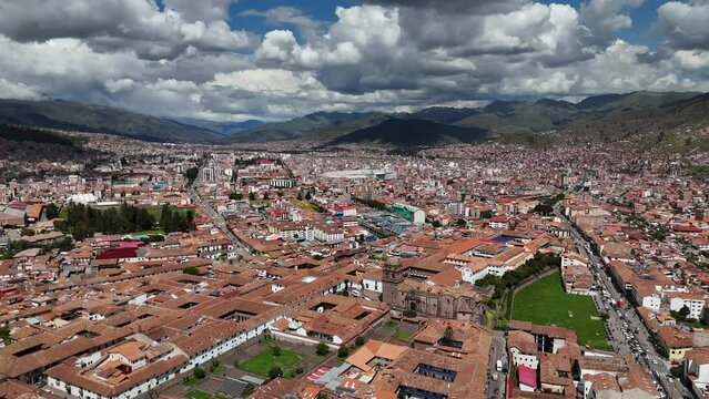 Aerial drone footage of Cusco Cuzco city Peru Inca Empire South America Spanish colonial architecture Plaza de Armas