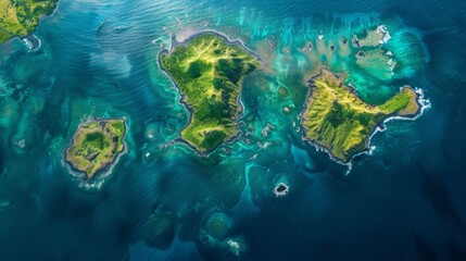Fototapeta na wymiar A birds eye view of an island surrounded by the vast ocean, showcasing the lush greenery, sandy beaches, and crystal clear waters.