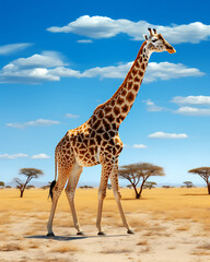 A stately giraffe stands tall amidst the arid landscape of the African savannah,under the clear blue sky
