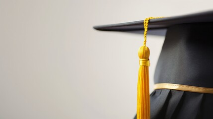 Graduation cap with yellow tassel on a clean, minimalist background. - obrazy, fototapety, plakaty