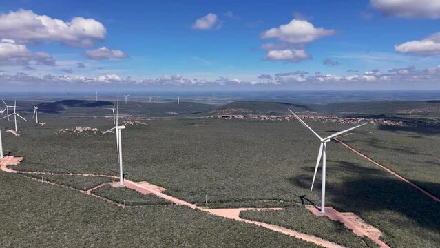 Drone video of wind turbines at the Morro do Chap&eacute;u Wind Farm, Brazil