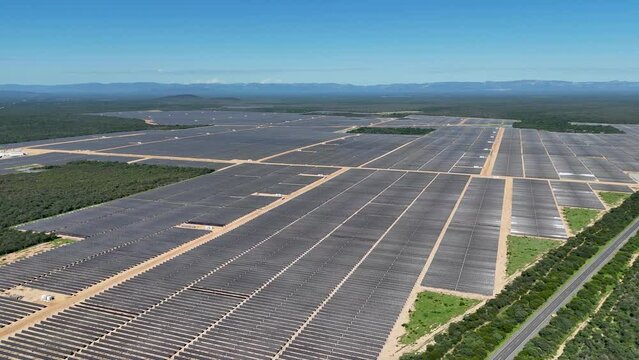 Drone video of photovoltaic panels for capturing solar energy - UFV Usina Fotovoltaica Sol do Sertão, Brazil