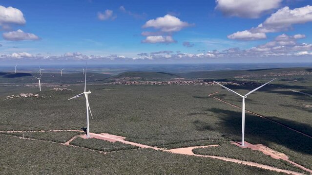 Drone video of wind turbines at the Morro do Chap&eacute;u Wind Farm, Brazil
