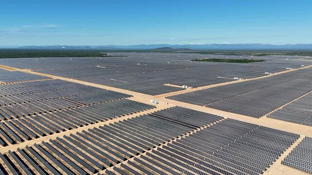 Drone video of photovoltaic panels for capturing solar energy - UFV Usina Fotovoltaica Sol do Sert&atilde;o, Brazil
