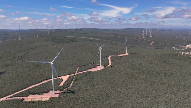 Drone video of wind turbines at the Morro do Chap&eacute;u Wind Farm, Brazil