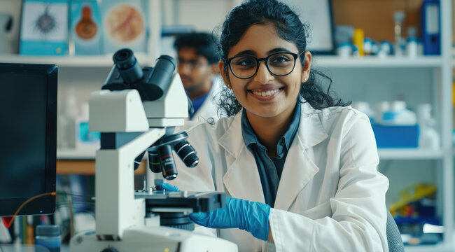 A young woman in a white lab coat is smiling while sitting at a desk with a microscope and test tubes