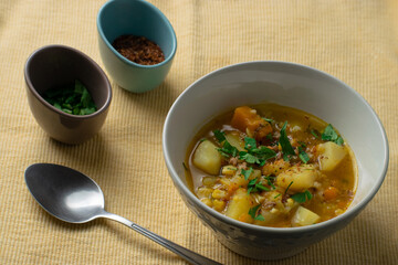 Typical Chilean food called Carbonada. It is a broth whose ingredients are: cooked potato, pumpkin, corn, parsley or cilantro, peas and beef (cut or ground)