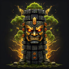Ancient cartoon totem character illustration on black backround