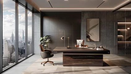 Foto op Plexiglas Modern office with floor-to-ceiling windows, desk and chair overlooking the city skyline. © Kien