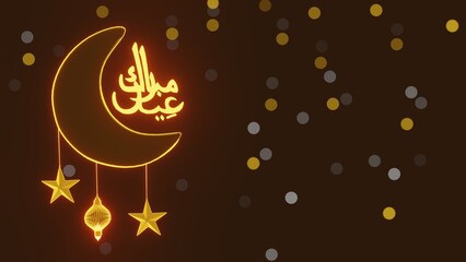 Eid Mubarak greeting card with crescent moon, stars, lantern on unfocussed golden lights background.