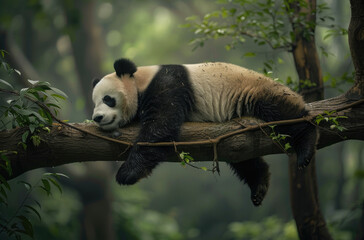 A panda sleeping on the branch of an old tree in China