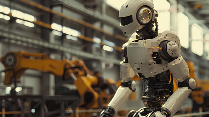 Autonomous Robot Navigating a Manufacturing Plant
. An autonomous robot with a humanoid design navigates through a manufacturing plant, surrounded by industrial robotic arms.
