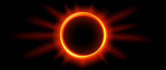 Red orange glowing portal concept. Neon hologram teleport gate on black background. Circle digital aura with beams and sparkles. Round hot flare template for game, ui, interface. Vector illustration
