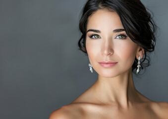 A portrait of an elegant woman with sleek, dark hair in a low bun hairstyle and natural makeup, wearing pearl earrings