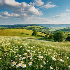 Beautiful spring and summer natural panoramic pastoral landscape with blooming field of daisies in the grass in the hilly countryside, Ai Generate