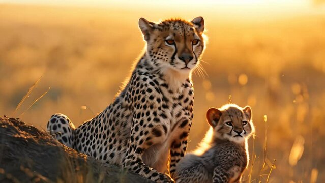 Mother cheetah with her baby. 4k video animation