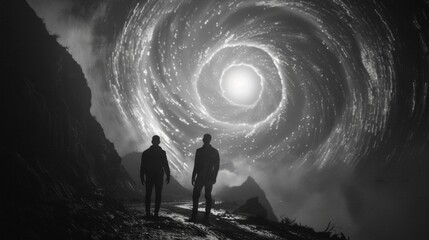 Two silhouetted figures stand at the edge of a mysterious portal facing away from the camera. Through the shimmering vortex various . .