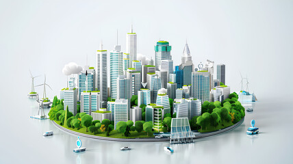 Obraz premium Eco-Friendly Sustainable City with Renewable Energy . A miniature model representation of a sustainable city utilizing renewable energy, featuring green spaces, wind turbines, and solar panels. 