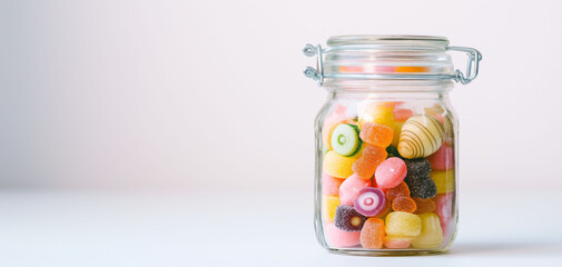 Candy jar filled with colorful sweets on a light background, a treat concept.