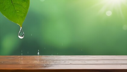 Empty wood table top with rain water drop on green leaf natural blurred background - obrazy, fototapety, plakaty