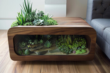  A contemporary side table featuring a built-in terrarium, filled with lush greenery and miniature succulents, bringing the outdoors inside.
