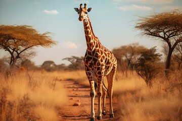 A graceful giraffe walks through the tall grass of the African savanna at sunset, with acacia trees...
